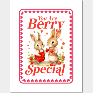 Illustration of Bunnies with Strawberries Vintage Style - Valentine's Day Gift and for Animal Lovers Posters and Art